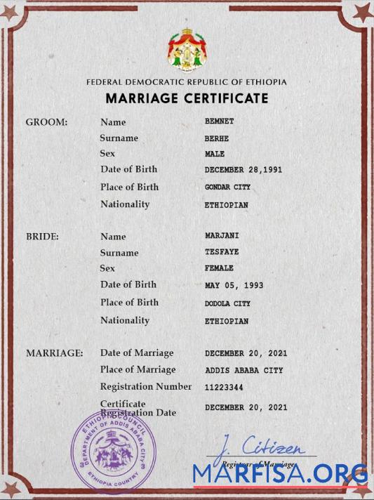 Realistic Ethiopia marriage certificate PSD template